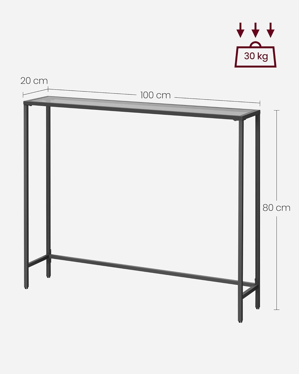 Elegant konsolbord med glas och svart finish, 100 x 20 x 80 cm
