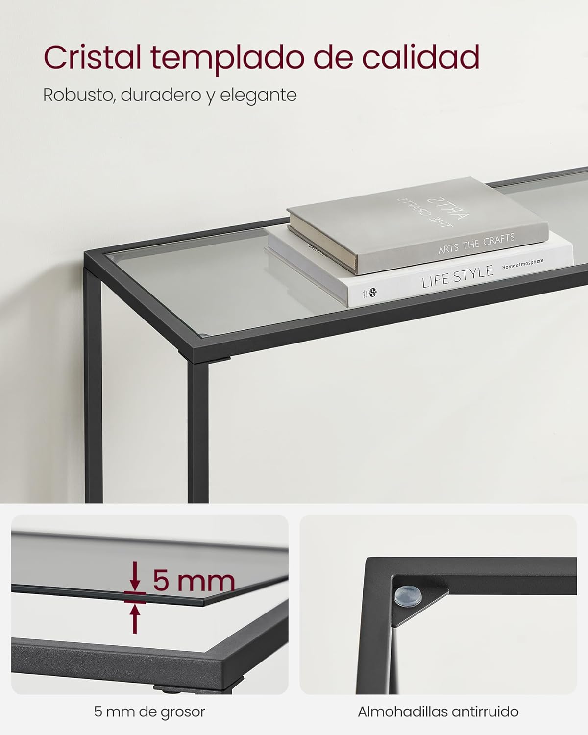 Elegant konsolbord med glas och svart finish, 100 x 20 x 80 cm