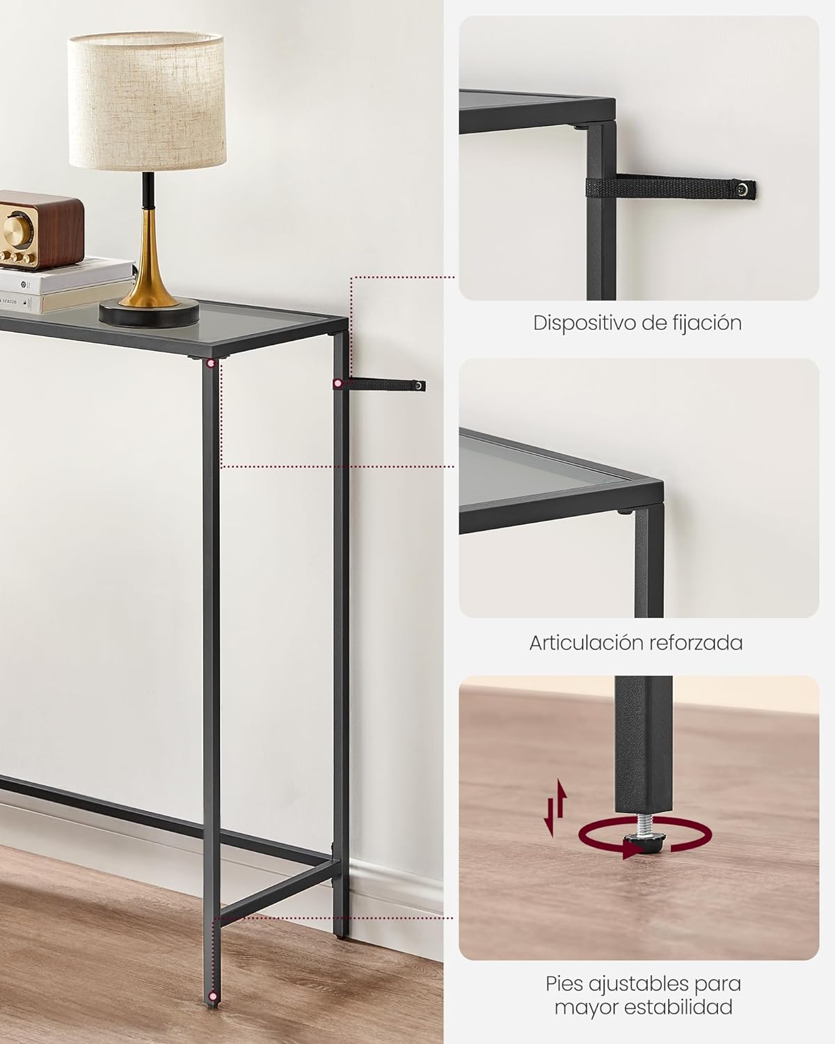 Elegant konsolbord med glas och svart finish, 100 x 20 x 80 cm