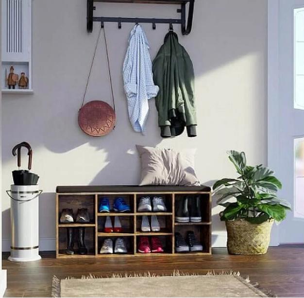 Skobänk med 10 fack och bekväm dyna – 104×30×48 cm, vintage brun