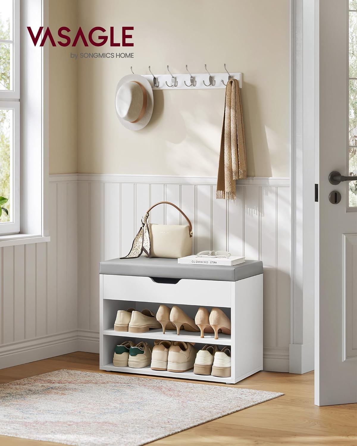 Sittbänk med skoförvaring och dold förvaringsdel – 30 x 60 x 44 cm, molnvit