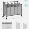 Rullbar tvättvagn för sortering med 4 avtagbara tygpåsar, totalt 140 L (4 × 35 L) – grå