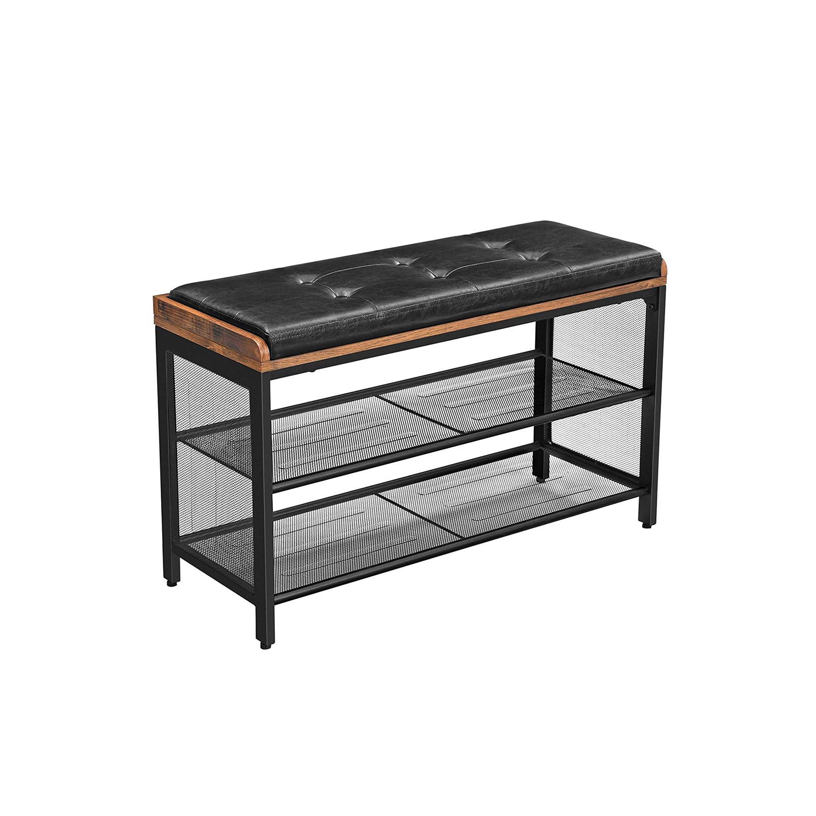 Sittbänk med skohylla och dyna i skinnlook – industriell design, 80 × 48 × 30 cm