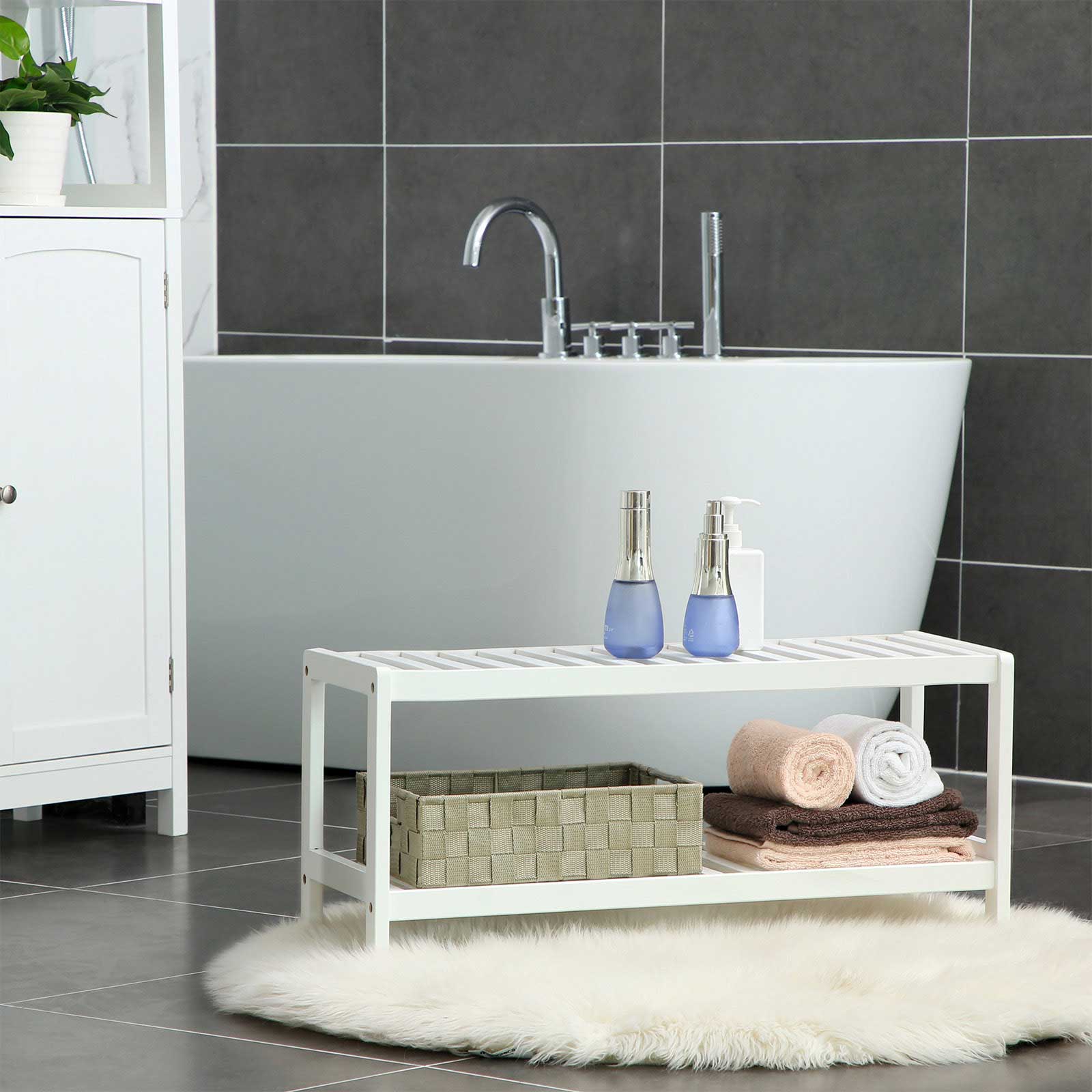 Bambu skoställ och förvaringshylla, vit, 2 plan, 70 × 26 × 33 cm