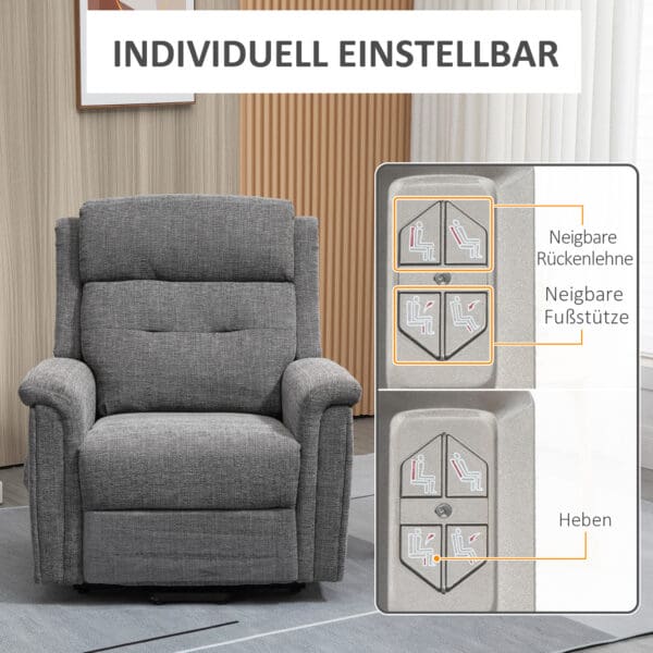 Elektrisk vilfåtölj med ståhjälp och full recline – grå linnelook, fjärrstyrd komfort för maximal avkoppling - Bild 6