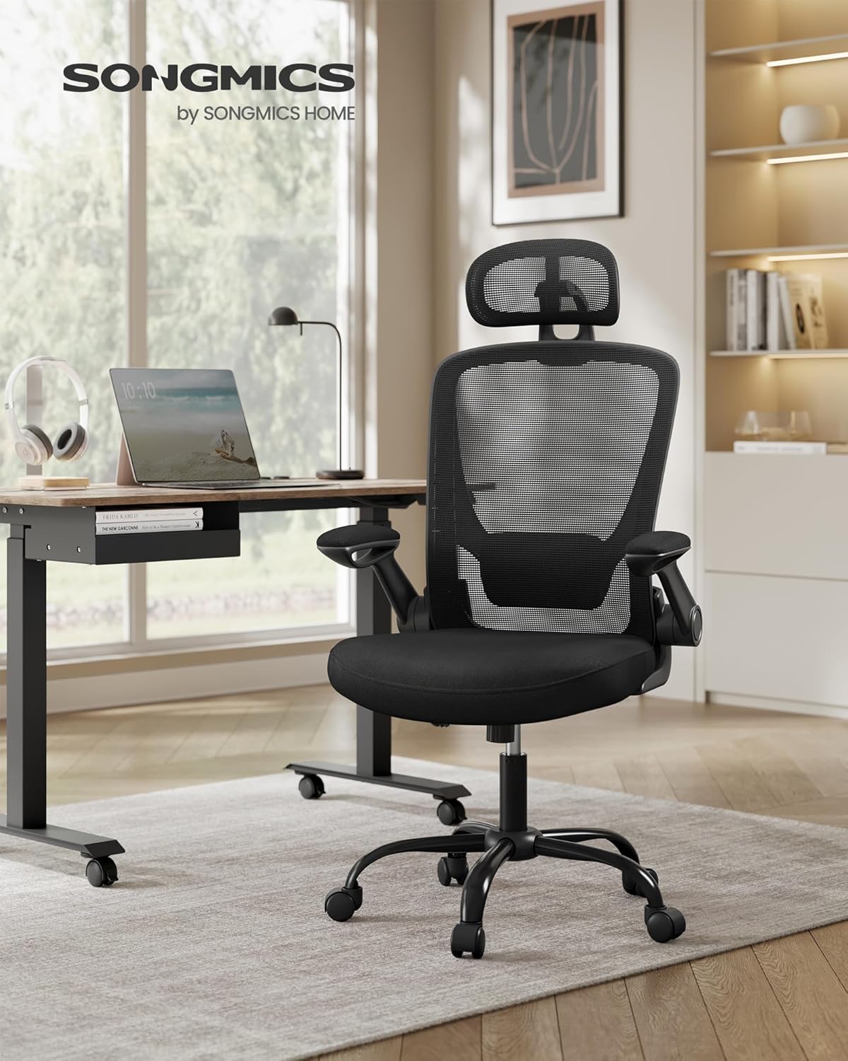 Ergonomisk kontorsstol, skrivbordsstol, snurrstol med mesh, vadderat svankstöd, vippfunktion, 53 cm sits, fällbara armstöd, nackstöd,