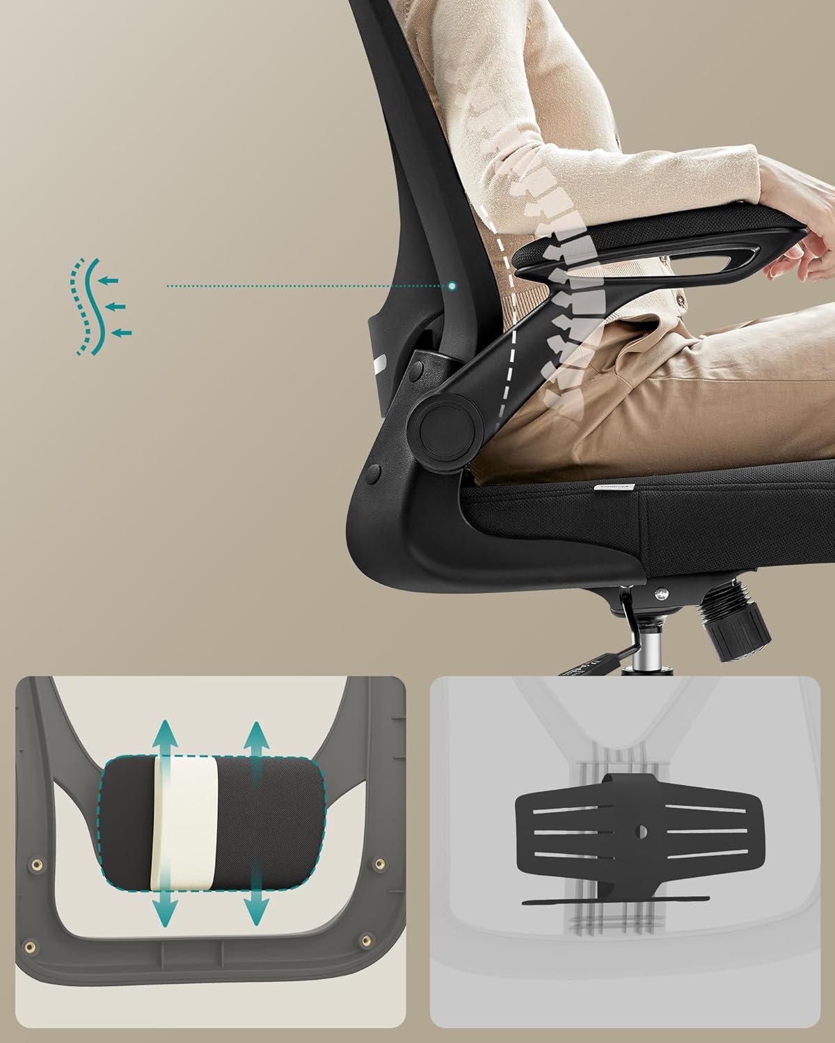 Ergonomisk kontorsstol, skrivbordsstol, snurrstol med mesh, vadderat svankstöd, vippfunktion, 53 cm sits, fällbara armstöd, nackstöd,