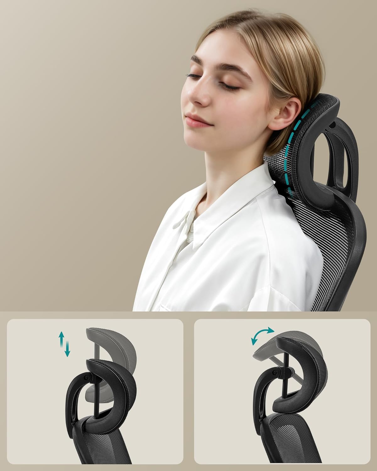 Ergonomisk kontorsstol, skrivbordsstol, snurrstol med mesh, vadderat svankstöd, vippfunktion, 53 cm sits, fällbara armstöd, nackstöd,