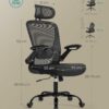Ergonomisk kontorsstol, skrivbordsstol, snurrstol med mesh, vadderat svankstöd, vippfunktion, 53 cm sits, fällbara armstöd, nackstöd,