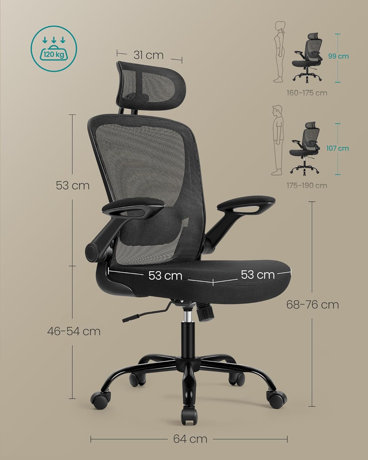 Ergonomisk kontorsstol, skrivbordsstol, snurrstol med mesh, vadderat svankstöd, vippfunktion, 53 cm sits, fällbara armstöd, nackstöd,