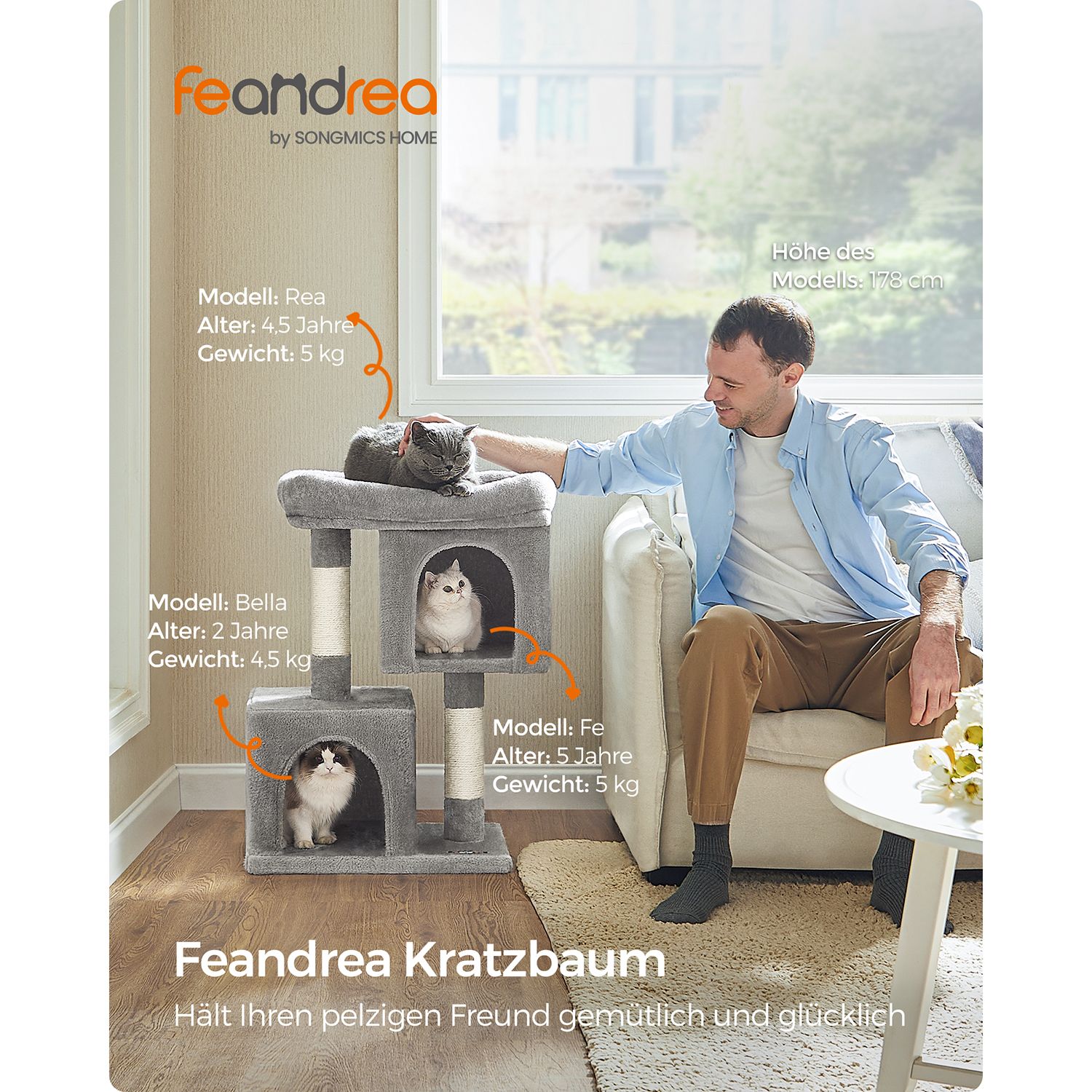 Klösträd i ljusgrått, 74 cm – med 2 grottor, kattsäng och klösstolpe