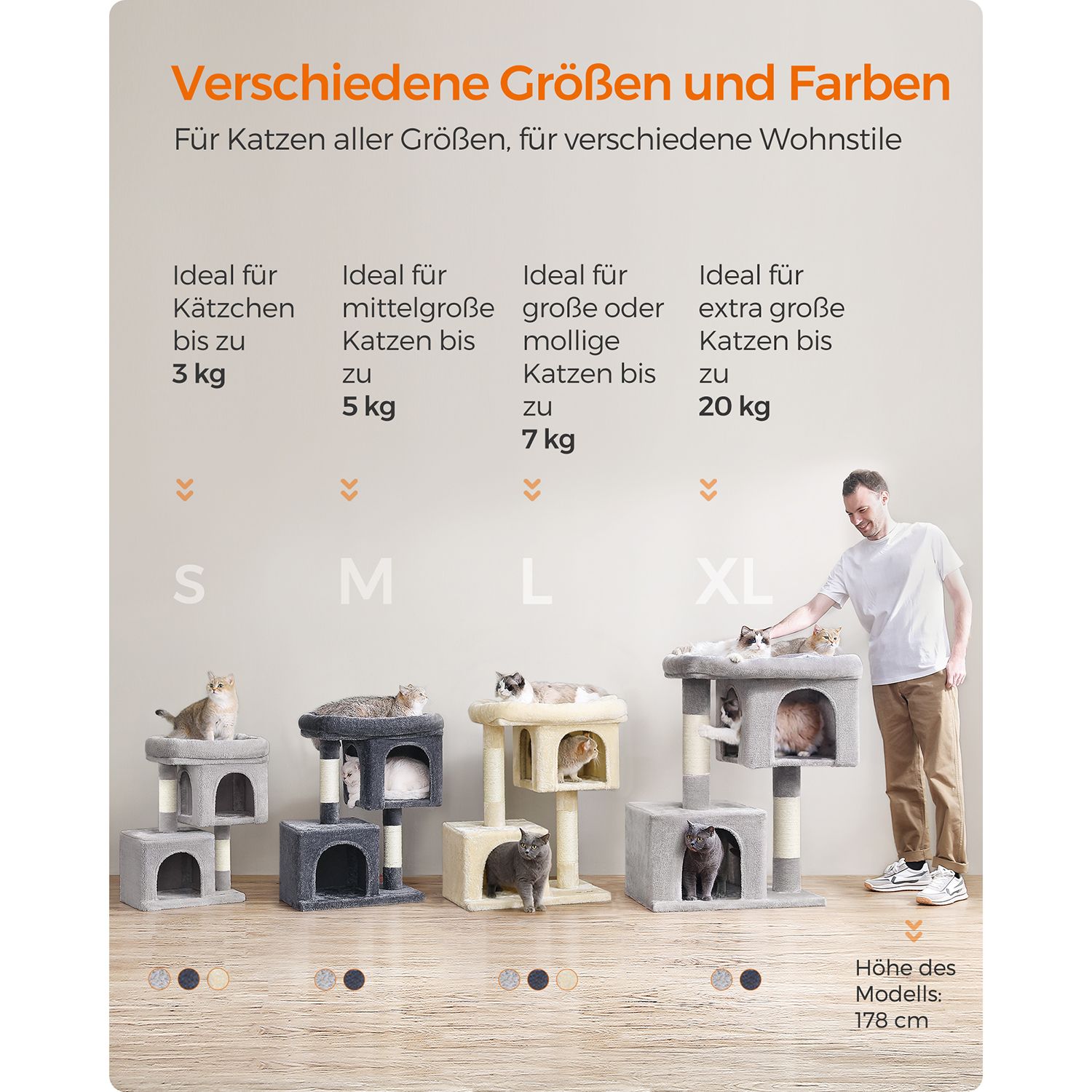 Klösträd i ljusgrått, 74 cm – med 2 grottor, kattsäng och klösstolpe