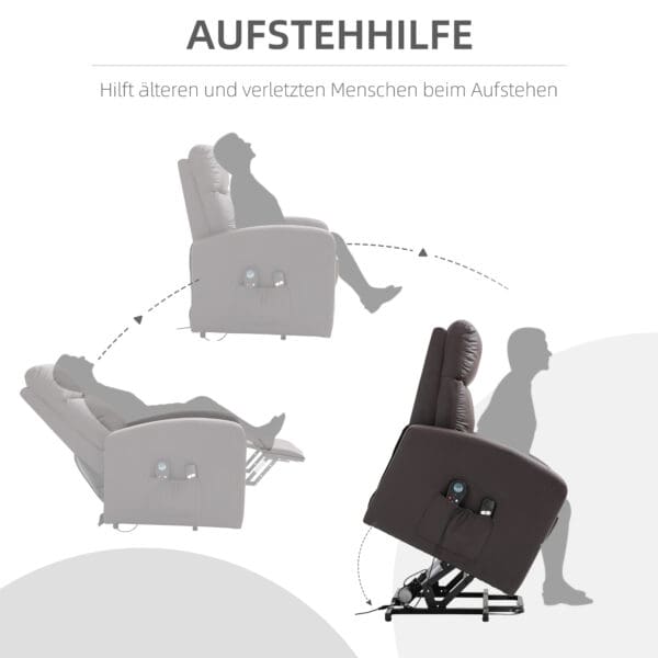 Elektrisk TV-fåtölj med massage & ståhjälp – recliner i brunt konstläder - Bild 4