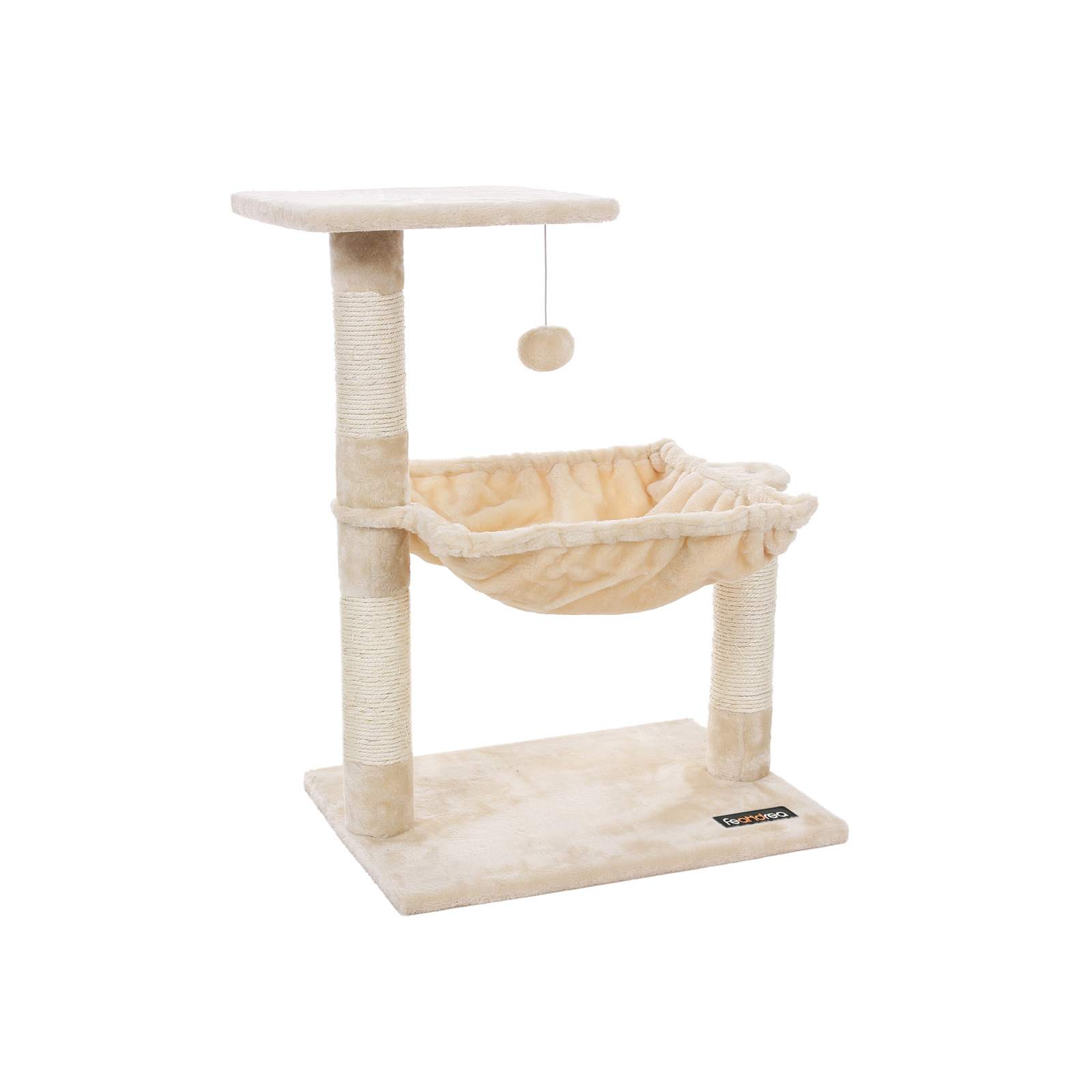Beige klösträd med sisalpelare, kattbo, plattform och leksaksboll – 50 × 36 × 70 cm