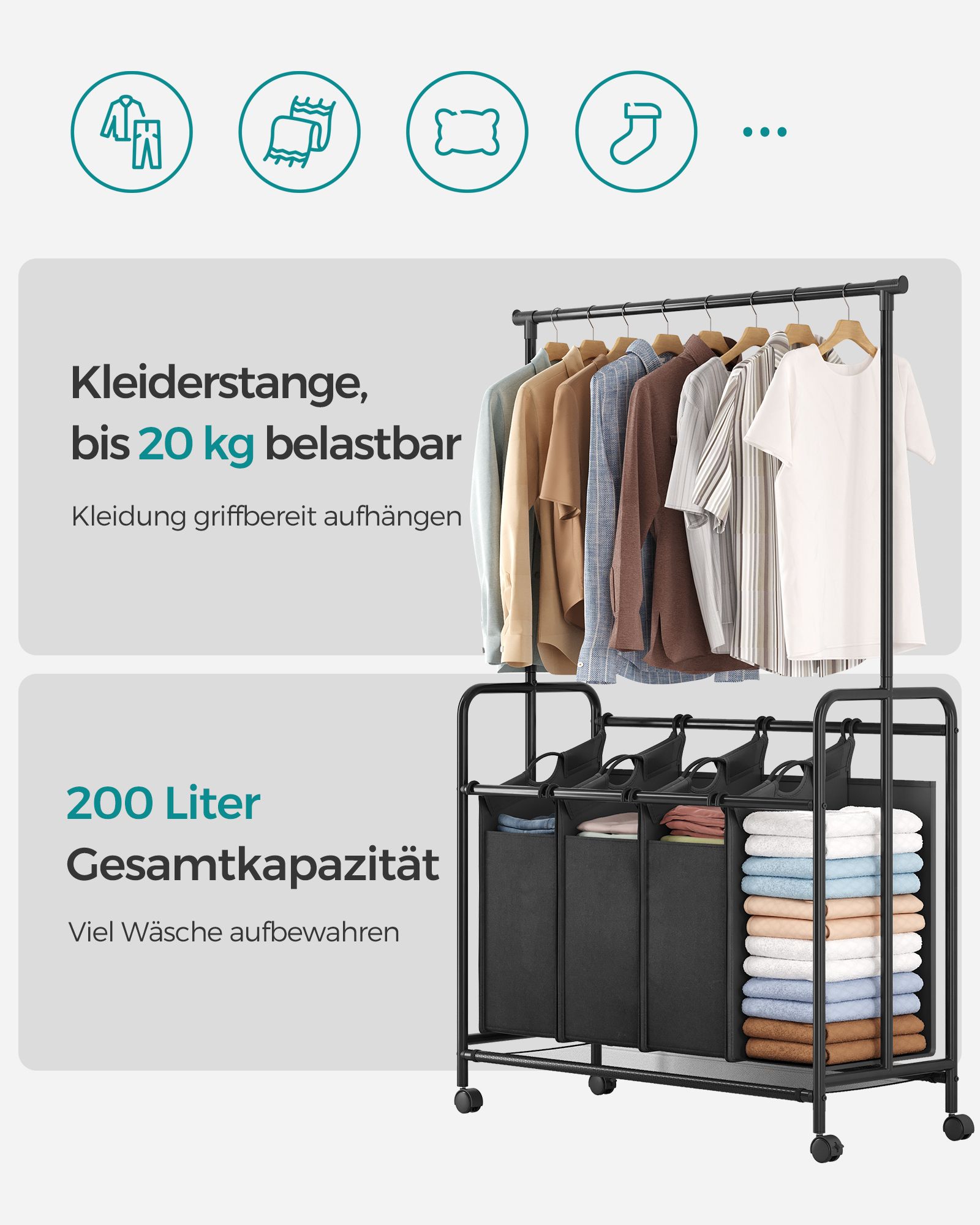 Tvättställ med 4 fack – 50 L per fack, med klädstång, svart