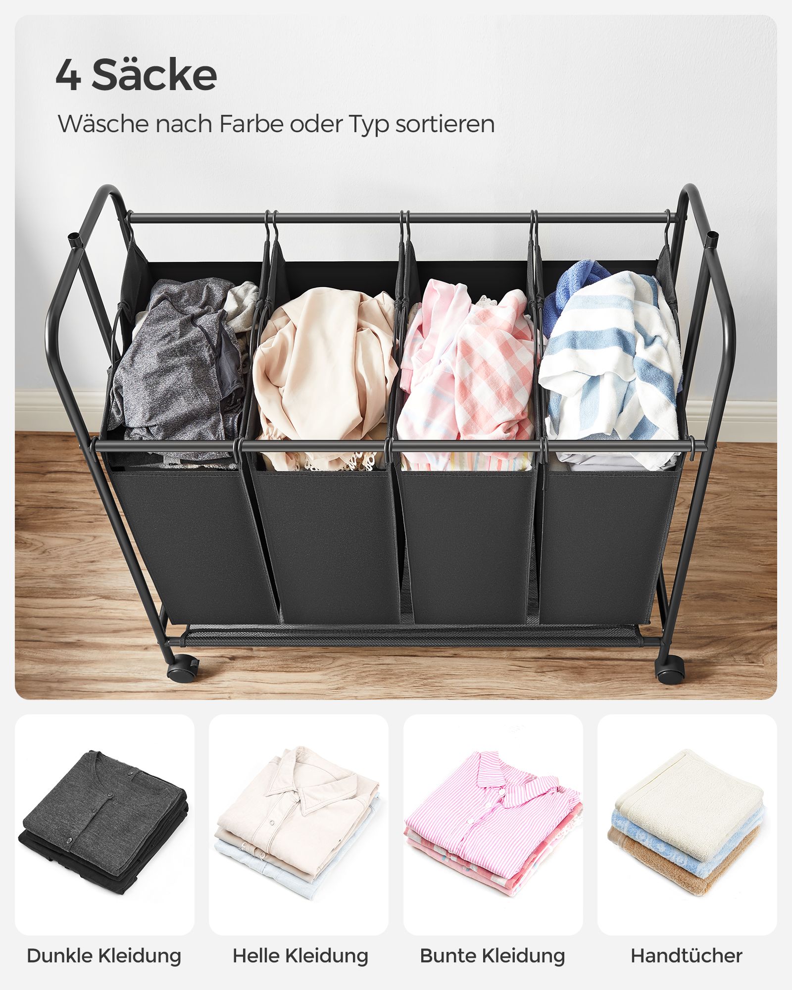 Tvättställ med 4 fack – 50 L per fack, med klädstång, svart