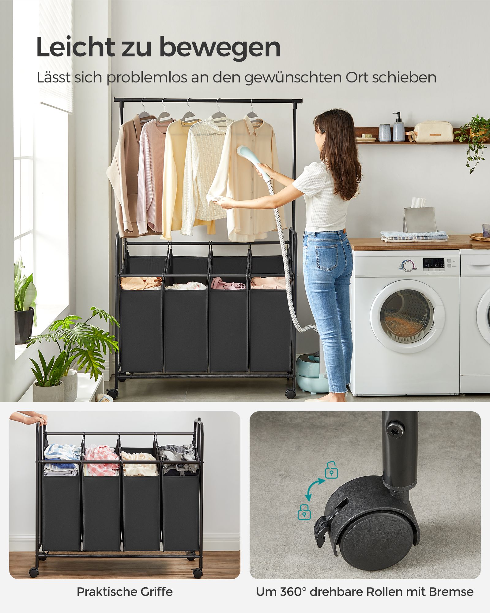 Tvättställ med 4 fack – 50 L per fack, med klädstång, svart