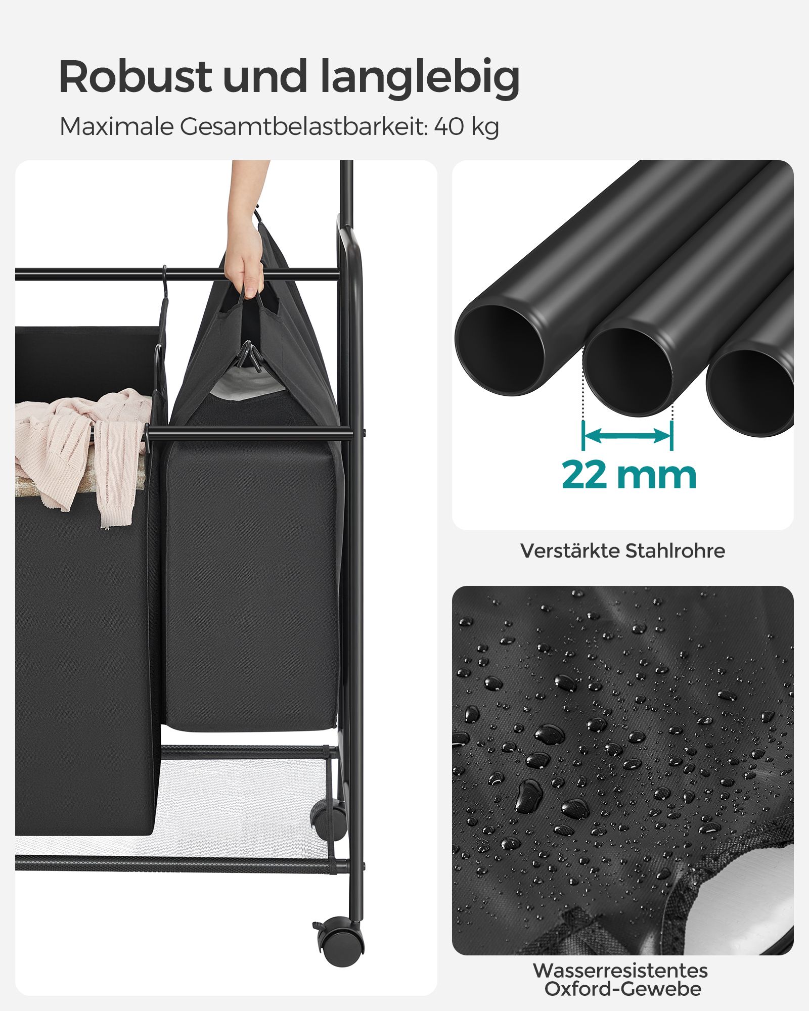 Tvättställ med 4 fack – 50 L per fack, med klädstång, svart