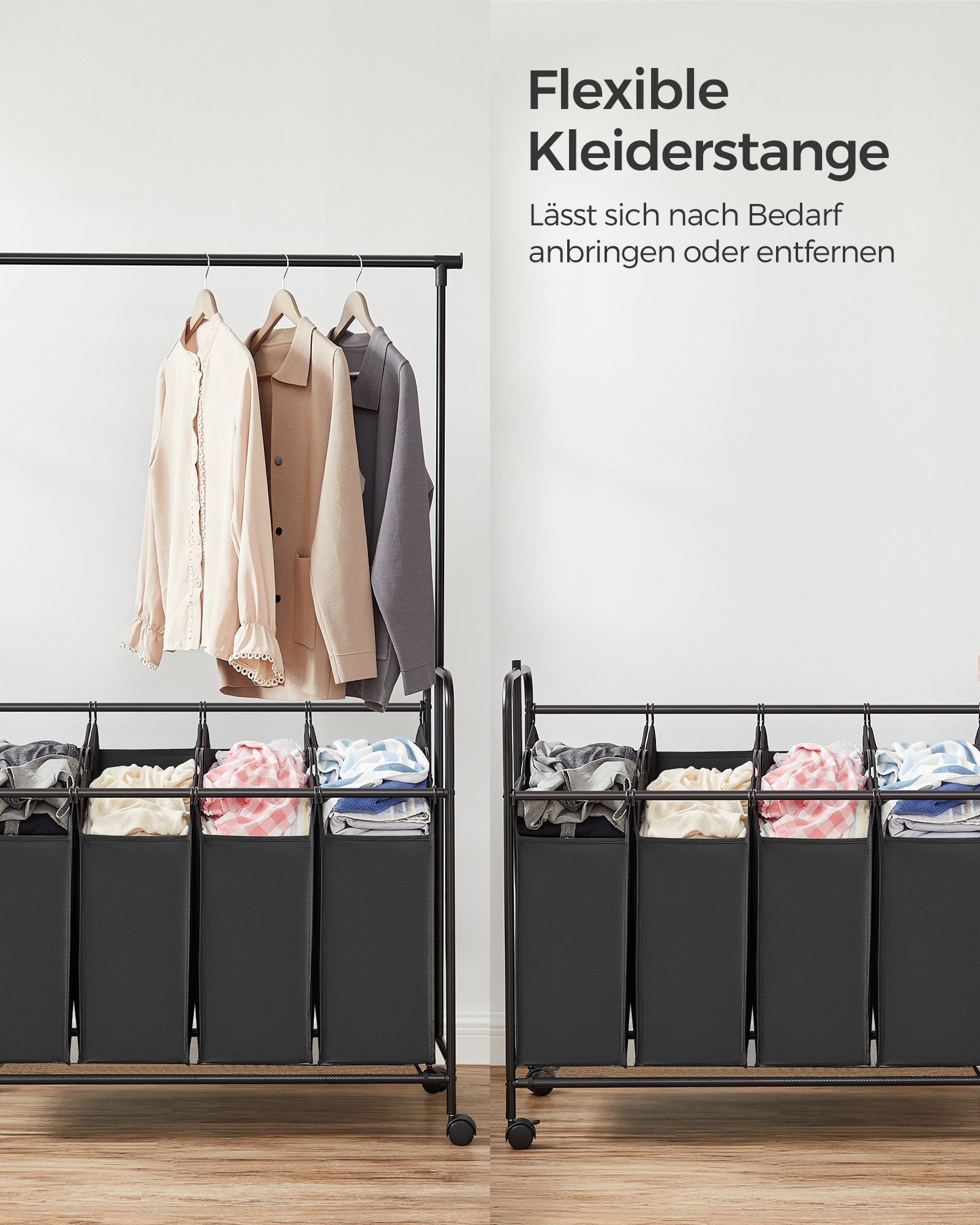 Tvättställ med 4 fack – 50 L per fack, med klädstång, svart