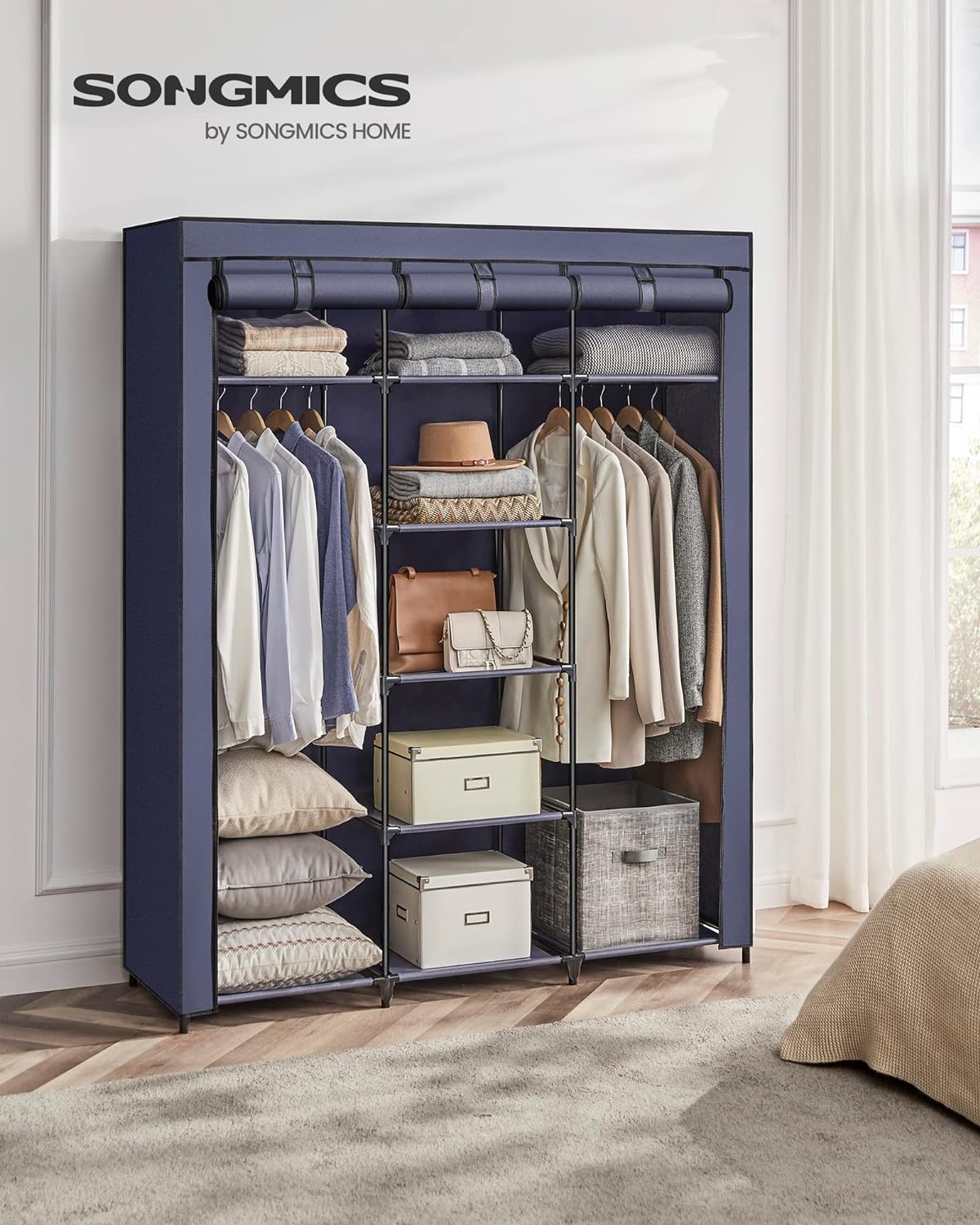 Klädgarderob i tyg med mörkblått överdrag, 150 x 45 x 175 cm