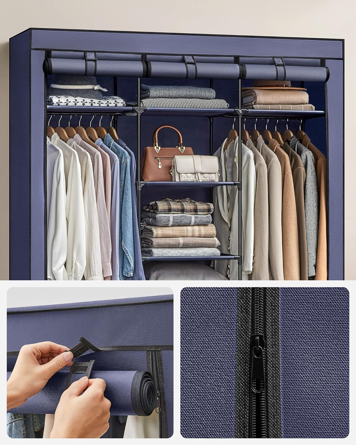 Klädgarderob i tyg med mörkblått överdrag, 150 x 45 x 175 cm