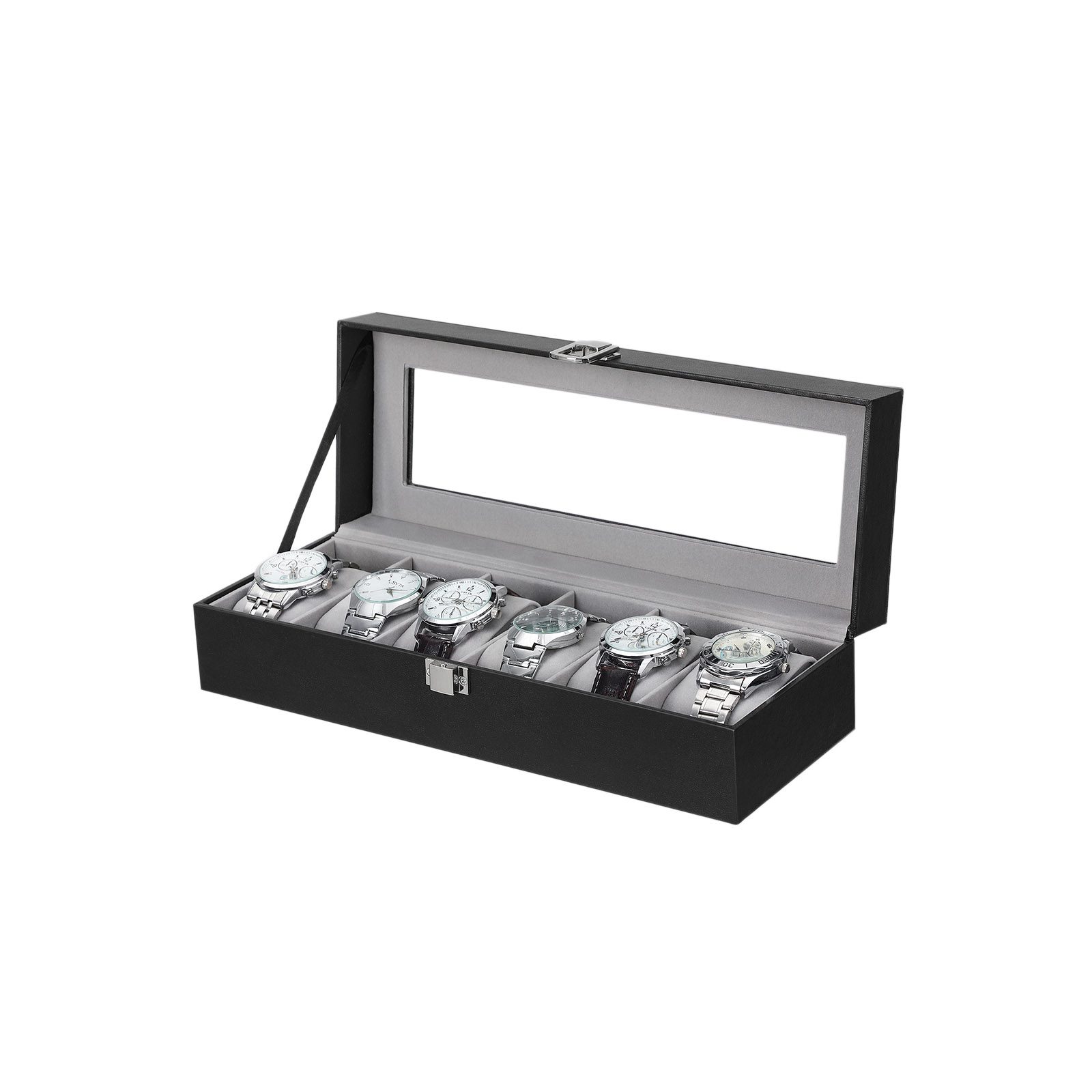 Klockbox i svart med glaslock och lås, 6 fack – 30 × 11,2 × 8 cm
