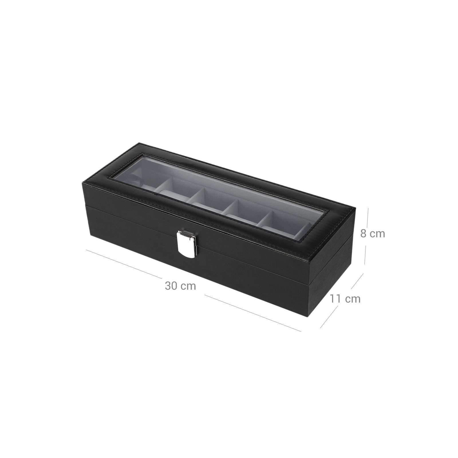 Klockbox i svart med glaslock och lås, 6 fack – 30 × 11,2 × 8 cm