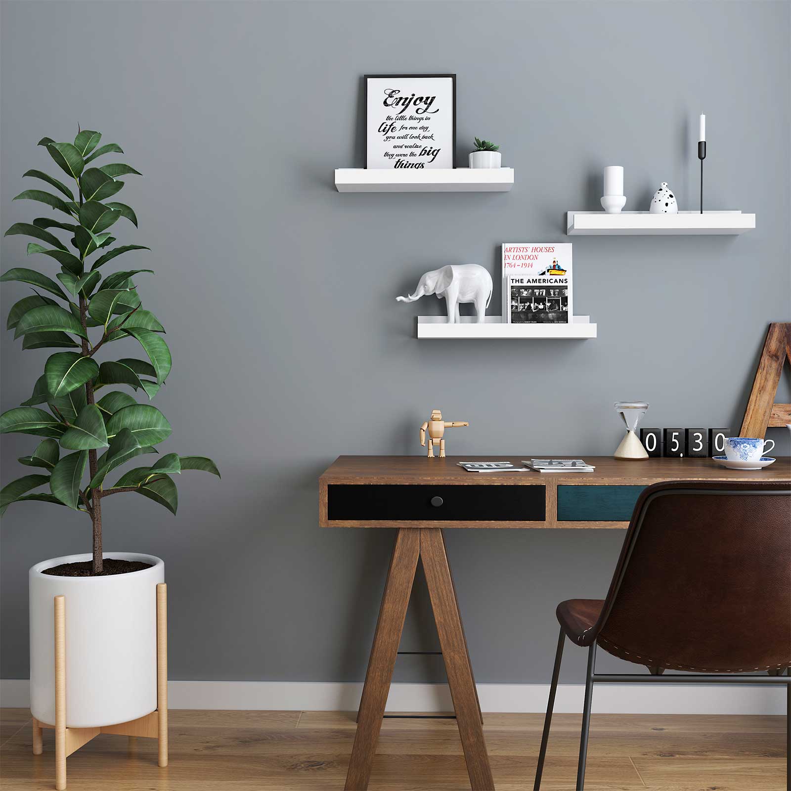 3 st vägghyllor med kant för tavlor – vit, 38 × 10 × 5 cm