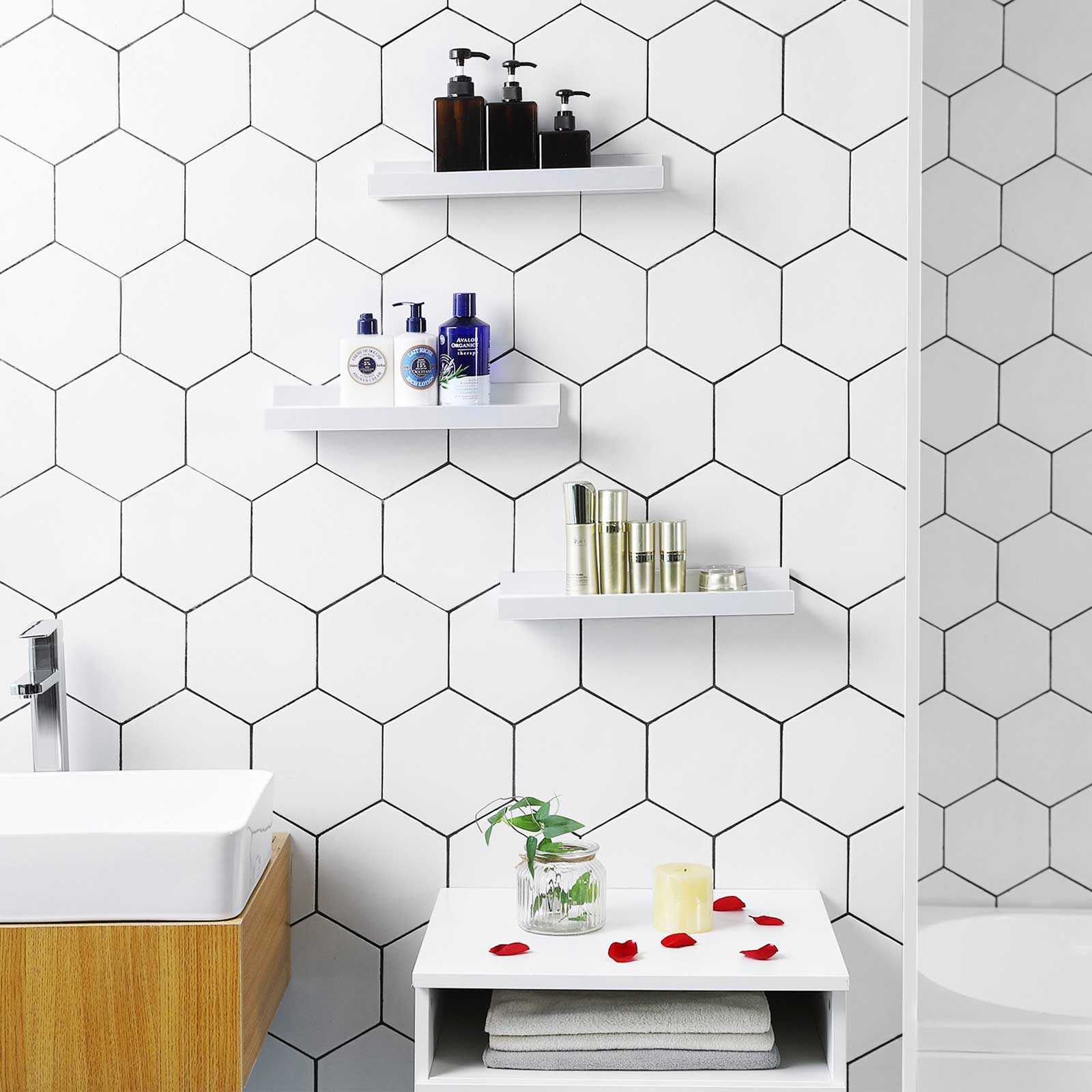 3 st vägghyllor med kant för tavlor – vit, 38 × 10 × 5 cm