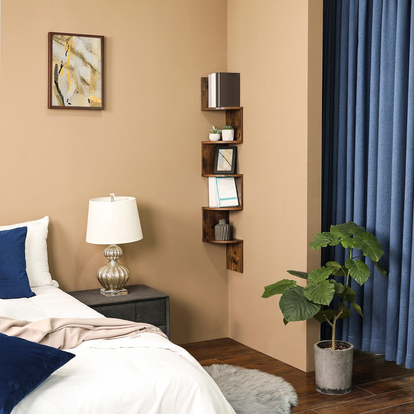 Sicksack hörnhylla för vägg, 5 våningar – vintage brun-svart