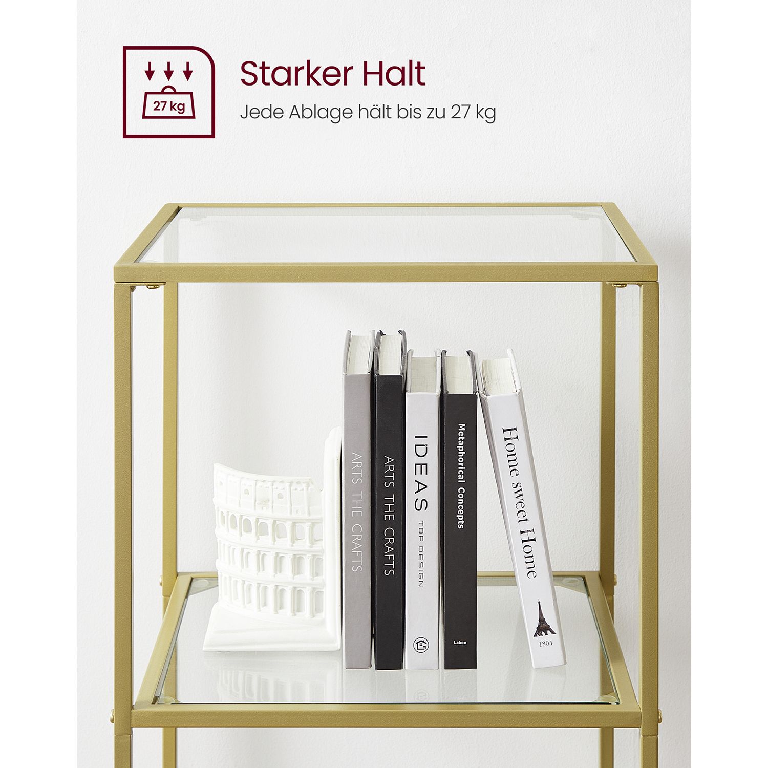 Elegant guldbokhylla med glashyllor – 6 nivåer, 30 × 40 × 177 cm