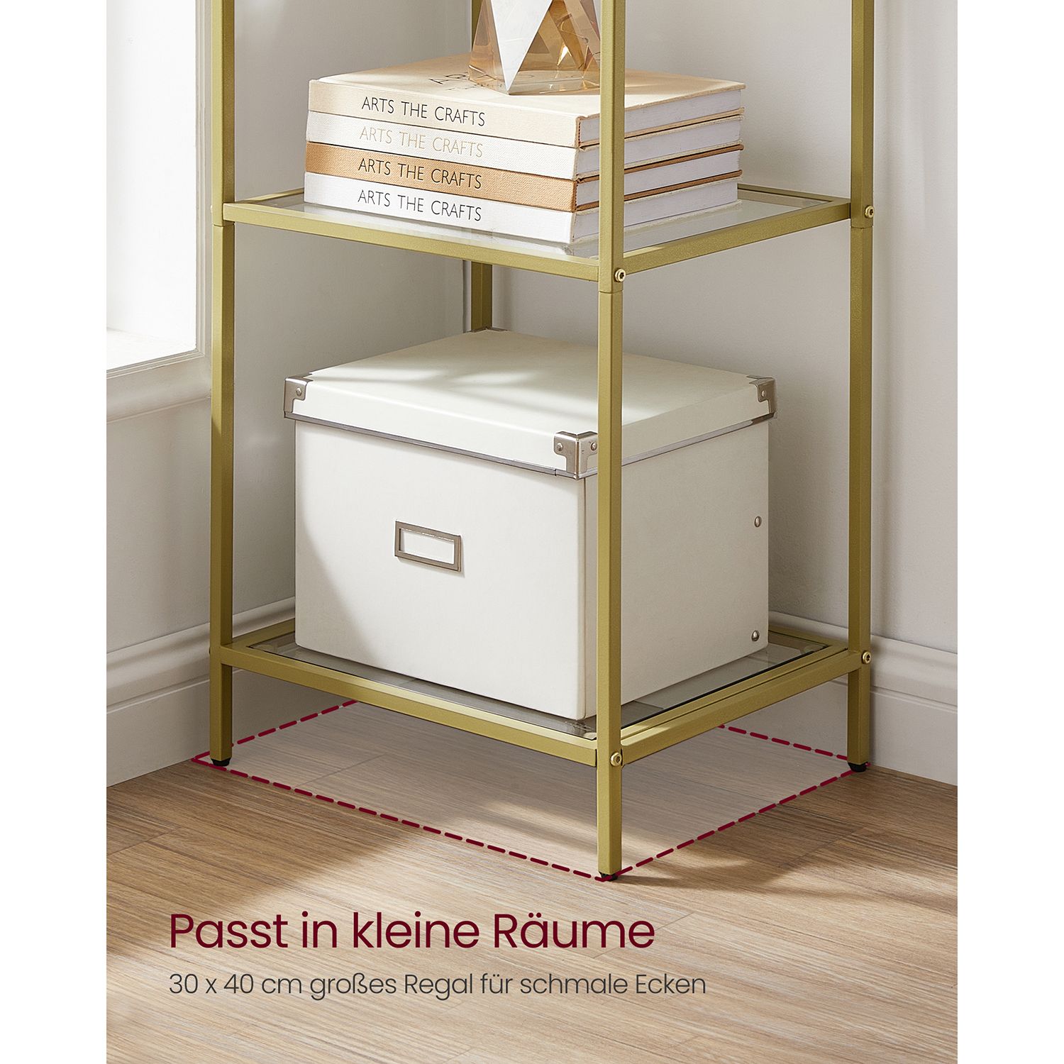 Elegant guldbokhylla med glashyllor – 6 nivåer, 30 × 40 × 177 cm