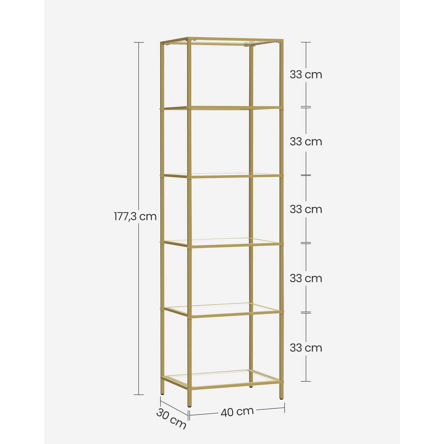 Elegant guldbokhylla med glashyllor – 6 nivåer, 30 × 40 × 177 cm