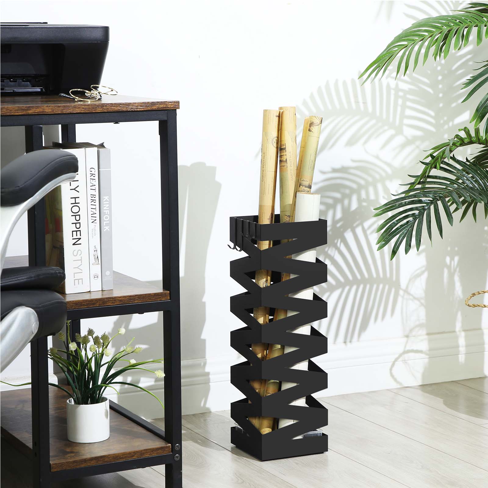 Metallparaplyställ med krokar och vattenuppsamlare, fyrkantigt, svart