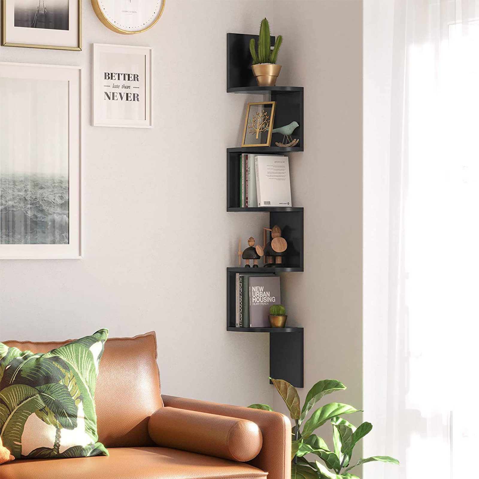 Zigzag hörnväggshylla, 5 våningar, svart