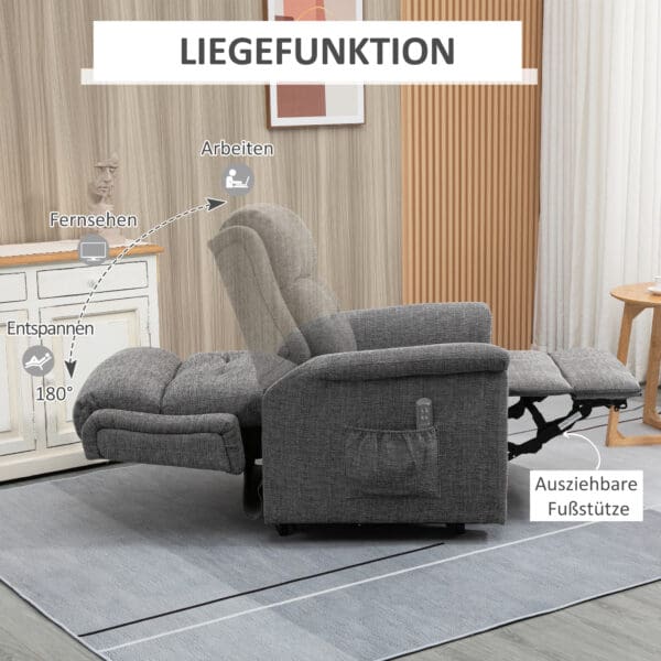 Elektrisk vilfåtölj med ståhjälp och full recline – grå linnelook, fjärrstyrd komfort för maximal avkoppling - Bild 5