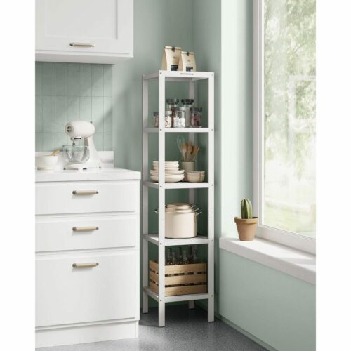 Badrumshylla i Trä, 5 Plan – Slim Design i Vit, 33 x 33 x 146 cm