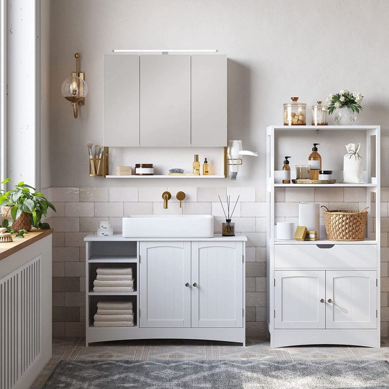 Badrumsspegelskåp i vitguld med LED-belysning, 70 × 14,5 × 70 cm