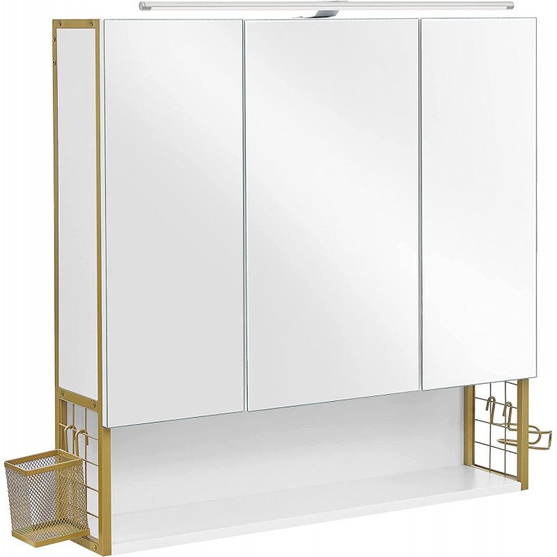 Badrumsspegelskåp i vitguld med LED-belysning, 70 × 14,5 × 70 cm
