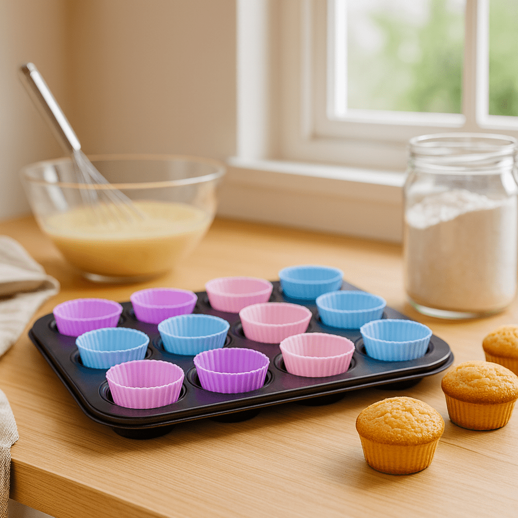 Bakplåt med 12 silikonformar – perfekt för muffins, cupcakes och små desserter