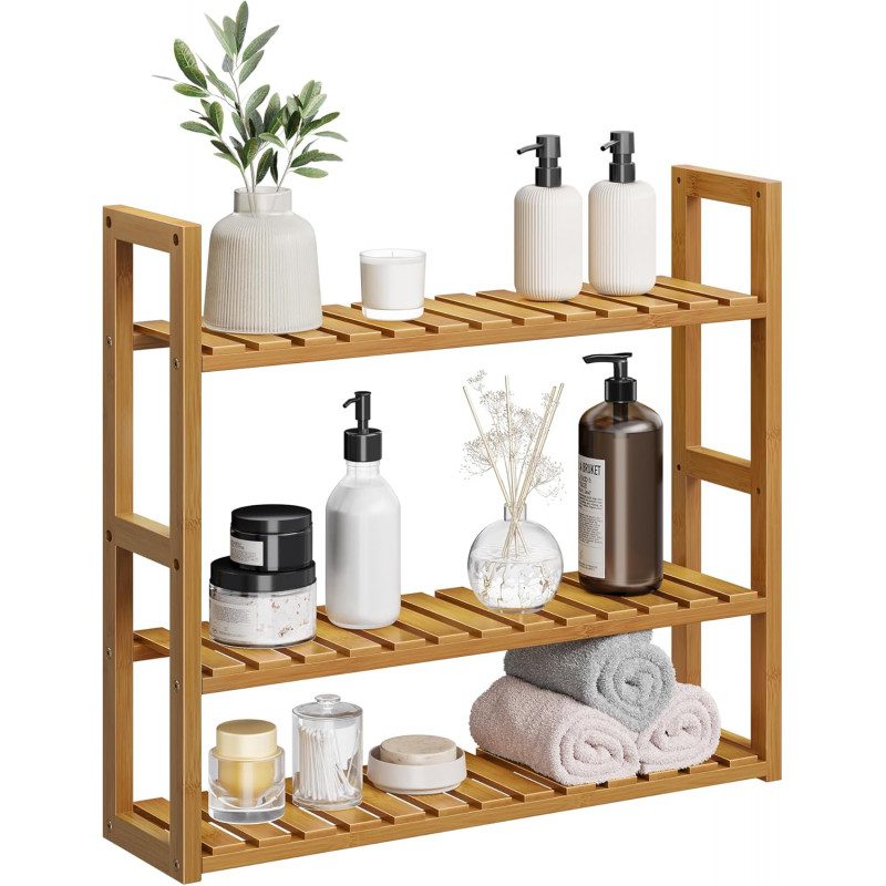 Bambu Badrumshylla med 3 Justerbara Hyllplan – För Golv/Vägg, 60 × 15 × 54 cm