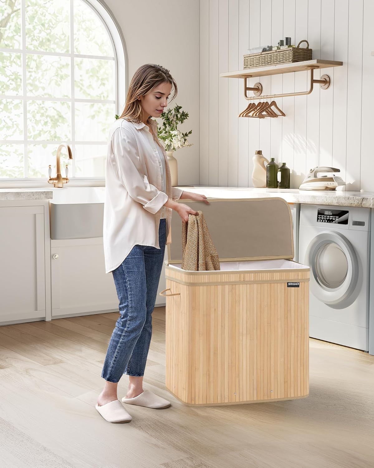 Bambu tvättkorg med lock, 150 L, ek, tvättbar påse med bärhandtag