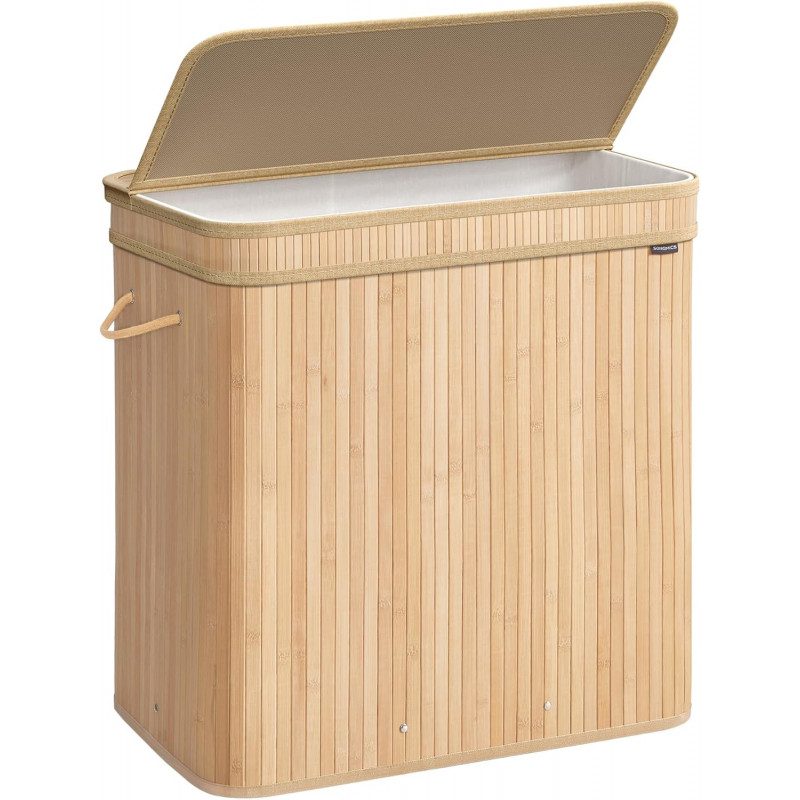 Bambu tvättkorg med lock, 150 L, ek, tvättbar påse med bärhandtag