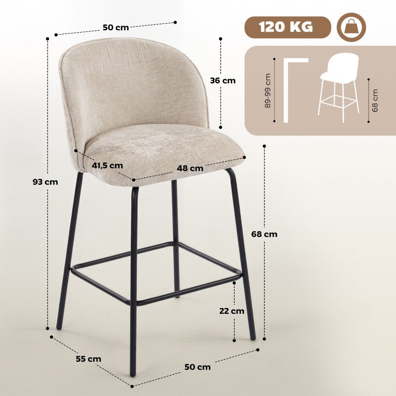 Barstolar 2-pack Beige Chenille med Ryggstöd – Sitthöjd 68 cm