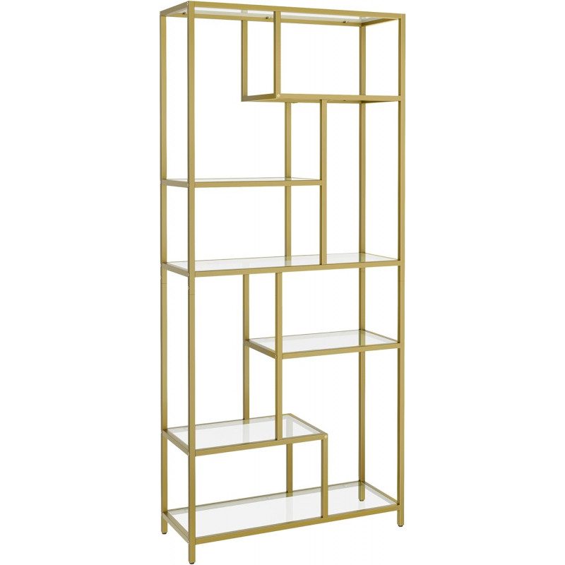 Bokhylla i guld med glas och nivåindelade hyllplan – 80 × 30 × 180 cm