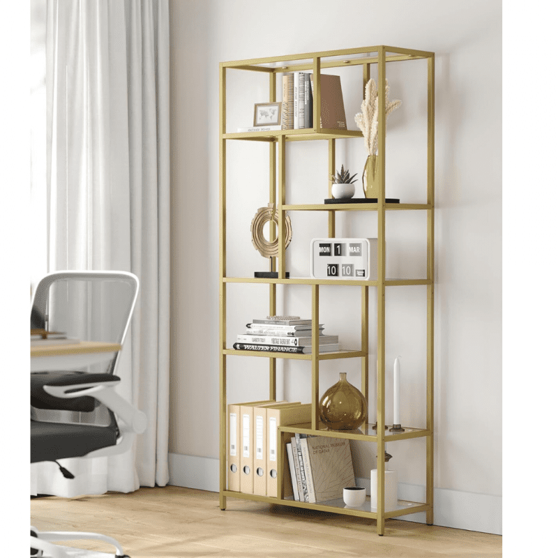 Bokhylla i guld med glas och nivåindelade hyllplan – 80 × 30 × 180 cm