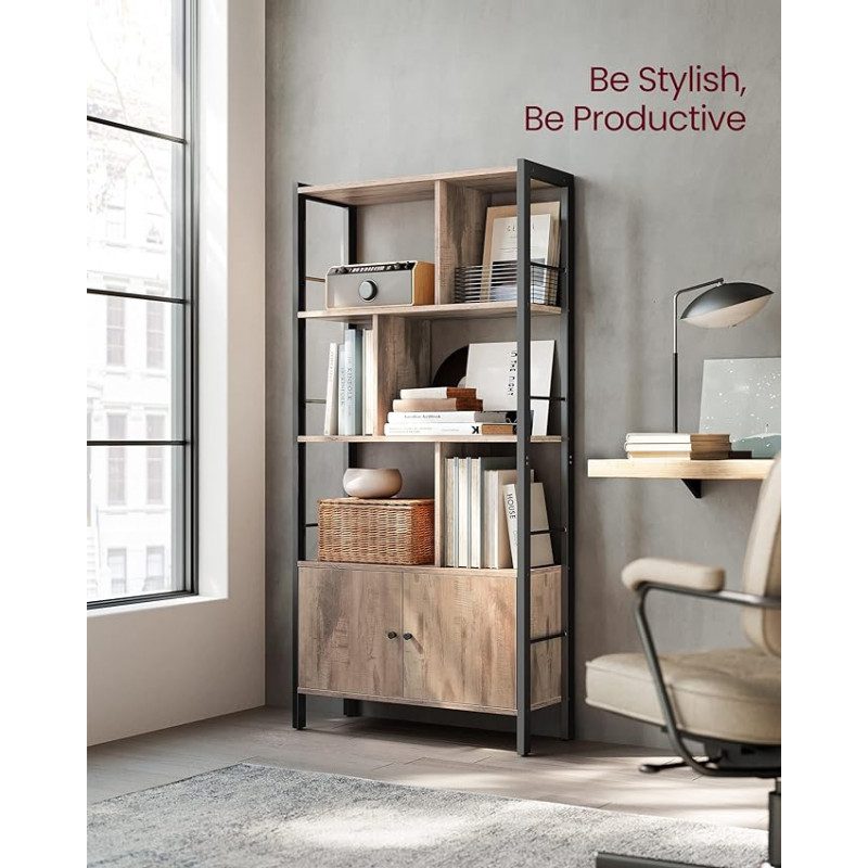 Bokhylla med öppna hyllor och skåp – rustik ljusbrun, 30 × 74 × 155 cm