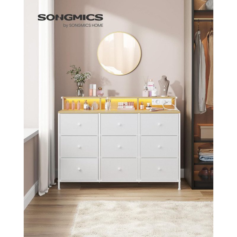 Byrå 114 × 33,5 × 84 cm med 9 tyglådor och LED-ljus – vit ek