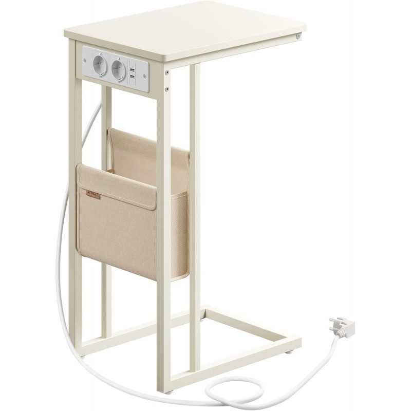 C-format sidobord med smart laddning och förvaring, krämvit, 30 x 40 x 62 cm