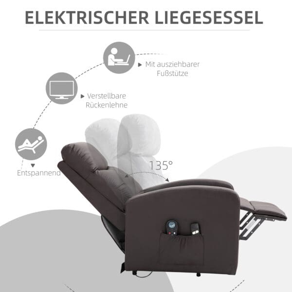 Elektrisk TV-fåtölj med massage & ståhjälp – recliner i brunt konstläder - Bild 6